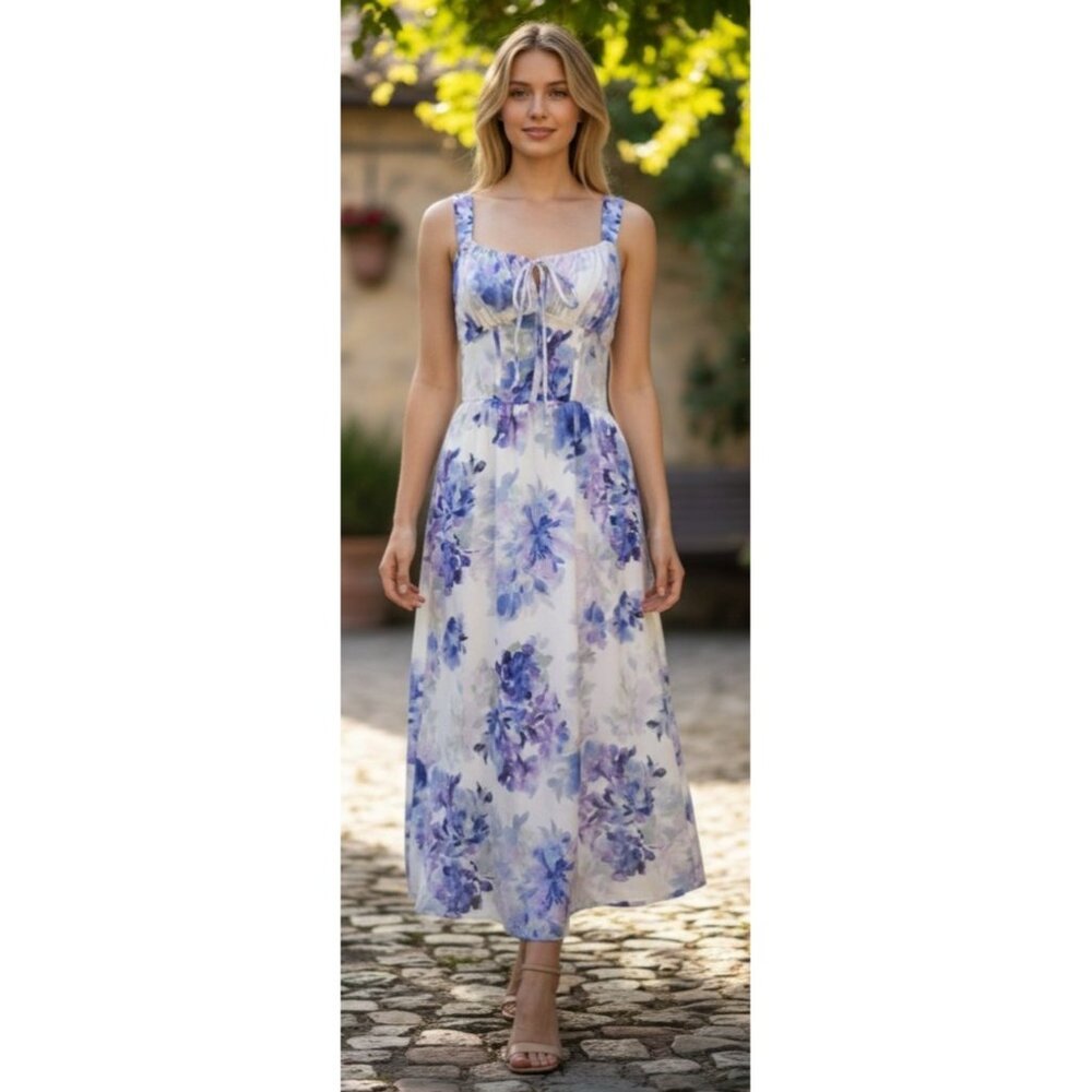 Persaya Purple White Floral Midi Maxi Sundress Boho Cottage Peasant S Fit Flare